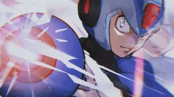 1boy afterimage aiming aiming_at_viewer arm_cannon armor blue_armor blue_helmet forehead_jewel helmet lemon_inu male_focus mega_man_(series) mega_man_x_(series) powering_up solo upper_body weapon x_(mega_man)