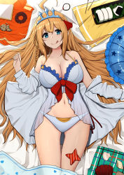 Rule 34 | 1girl, ahoge, bare shoulders, beach towel, bikini, blue eyes, blush, braid, breasts, cleavage, closed mouth, collarbone, commentary request, food, from above, hair between eyes, hair ornament, hair ribbon, hair spread out, highres, innertube, jacket, l.tea, large breasts, licking lips, long hair, long sleeves, looking at viewer, lying, navel, off shoulder, on back, orange hair, pecorine (princess connect!), pecorine (summer) (princess connect!), princess connect!, red ribbon, ribbon, seashell, shell, side braid, single braid, smile, solo, starfish, stomach, swim ring, swimsuit, thigh gap, tiara, tongue, tongue out, towel, very long hair, white bikini, white jacket