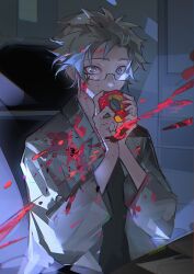 Rule 34 | 1boy, absurdres, blood, blood on face, bloodshot eyes, blue eyes, chinese commentary, commentary request, doughnut, food, glasses, glitch, grey hair, grey shirt, guiwuyeti, highres, holding, holding food, indoors, kanou aogu, lab coat, long sleeves, male focus, on chair, saibou shinkyoku, shirt, short hair, solo