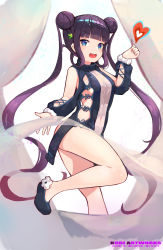 Rule 34 | 1girl, :d, absurdres, bare shoulders, black dress, black footwear, blue eyes, blunt bangs, blurry, blurry background, blush, breasts, commentary request, depth of field, double bun, dress, facebook username, fate/grand order, fate (series), flower, fur-trimmed sleeves, fur trim, hair bun, hair ornament, hand up, heart, highres, kobi (piliheros2000), long hair, medium breasts, open mouth, pixiv id, puffy sleeves, purple hair, shoes, smile, solo, standing, standing on one leg, teeth, turtleneck, twintails, twitter username, upper teeth only, very long hair, white flower, yang guifei (fate), yang guifei (first ascension) (fate)