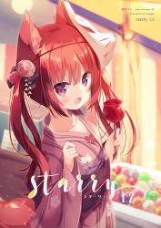 Rule 34 | 1girl, :d, animal ear fluff, animal ears, bad id, bad pixiv id, blurry, blurry background, blush, candy apple, collarbone, commentary request, cover, cover page, depth of field, floral print, food, fox ears, fox girl, fox mask, fox tail, hair between eyes, hands up, highres, holding, holding food, hoshi (snacherubi), japanese clothes, kimono, long hair, long sleeves, looking at viewer, mask, mask on head, obi, open mouth, original, outdoors, pinching sleeves, pink kimono, print kimono, red eyes, red hair, sash, sleeves past wrists, smile, solo, standing, tail, twintails, wide sleeves