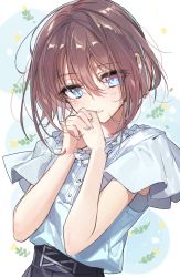 Rule 34 | 1girl, blue background, blue nails, blue shirt, blush, brown hair, commentary request, ears visible through hair, floral background, frilled shirt, frills, hair between eyes, highres, looking at viewer, nail polish, original, own hands together, parted lips, shirt, short hair, short sleeves, solo, upper body, wata (attaka towel)