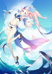 Rule 34 | 1girl, absurdres, ar (3779609928), arm up, bare legs, bikini, blue bow, blue eyes, blue hair, blush, bow, bow-shaped hair, breasts, cleavage, cloud, detached sleeves, fish, frilled bikini, frilled sleeves, frills, front-tie bikini top, front-tie top, full body, genshin impact, gradient hair, highres, long hair, looking at viewer, medium breasts, multicolored hair, navel, ocean, outstretched hand, pink hair, sangonomiya kokomi, sky, slippers, smile, solo, stomach, swimsuit, thigh strap, two-tone hair, wide sleeves