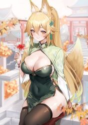 Rule 34 | 1girl, animal ear fluff, animal ears, architecture, autumn leaves, ayamo kaoru, blonde hair, bracelet, breasts, china dress, chinese clothes, cleavage, covered navel, dress, east asian architecture, flower, fox ears, fox girl, fox tail, green dress, hair between eyes, highres, holding, holding flower, jewelry, large breasts, leaf, long hair, original, pelvic curtain, ponytail, red flower, sitting, solo, spider lily, suirin (tukikagerou), tail, thighhighs, torii, yellow eyes, yellow tail