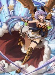 Rule 34 | 10s, :d, arm guards, arm strap, armor, bare shoulders, blush, boots, breasts, cape, cleavage, corset, eruthika, full body, fur-trimmed boots, fur-trimmed cape, fur trim, garter belt, granblue fantasy, greaves, hair ribbon, head tilt, highres, horns, long hair, looking at viewer, low twintails, medium breasts, open mouth, petticoat, purple eyes, purple hair, ribbon, satyr (granblue fantasy), skirt, smile, solo, star (symbol), twintails, very long hair, white skirt