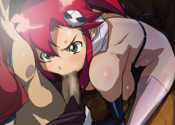 Rule 34 | 00s, 1girl, angry, bikini, bikini top only, black eyes, blush, breasts, censored, don (rg06268), fellatio, focused, from above, hair ornament, hairclip, hanging breasts, ice place, kamina (ttgl), large breasts, legs, long hair, looking up, mosaic censoring, nipples, no panties, oral, penis, pink thighhighs, ponytail, red hair, sitting, skull hair ornament, solo focus, standing, swimsuit, tengen toppa gurren lagann, thighhighs, thighs, yoko littner