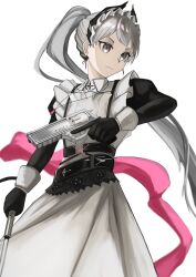 Rule 34 | 1girl, absurdres, apron, arknights, barach, black gloves, commentary request, cowboy shot, gloves, grey eyes, grey hair, gun, handgun, highres, holding, holding gun, holding weapon, irene (arknights), irene (voyage of feathers) (arknights), juliet sleeves, long hair, long sleeves, official alternate costume, pointy hair, puffy sleeves, solo, standing, very long hair, weapon, white apron