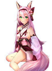 Rule 34 | 1girl, animal ears, azur lane, bare shoulders, beefusteku, blush, breasts, closed mouth, feet out of frame, flower, fox ears, fox tail, green eyes, hair flower, hair ornament, hairband, hanazuki (azur lane), highres, japanese clothes, kimono, legs, long hair, looking at viewer, medium breasts, on floor, pink hair, red hairband, sideboob, smile, solo, tail, thighs, white background