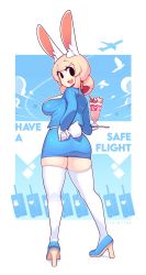 Rule 34 | 1girl, aircraft, airplane, animal ear fluff, animal ears, artist name, black eyes, blonde hair, blue background, blue sky, blue theme, breasts, contrail, english text, fiz (fizintine), fizintine, from behind, full body, gloves, hair bun, heart, high heels, highres, large breasts, long hair, long sleeves, looking at viewer, open mouth, original, rabbit ears, rabbit girl, rabbit tail, single hair bun, sky, solo, tail, thighhighs, white background, white gloves, white thighhighs