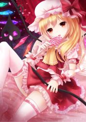 Rule 34 | 1girl, bad id, bad pixiv id, blonde hair, candy, embodiment of scarlet devil, female focus, flandre scarlet, food, frilled skirt, frills, hat, highres, laevatein, licking, lollipop, md5 mismatch, miniskirt, nunucco, pink thighhighs, red eyes, red skirt, shirt, side ponytail, sitting, skirt, skirt set, solo, thighhighs, touhou, wings, wrist cuffs