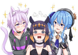 Rule 34 | 3girls, @ @, ahoge, animal ear fluff, animal ears, asymmetrical hair, beret, black collar, black dress, black gloves, black hoodie, blue choker, blue eyes, blue hair, blue necktie, blunt bangs, blush, breasts, cat ears, cat girl, cat tail, choker, closed mouth, collar, collared shirt, commentary, crown, detached collar, detached sleeves, dress, extra ears, fang, flat chest, fur-trimmed collar, fur trim, gloves, gradient hair, grey headwear, grey jacket, hair between eyes, hand on another&#039;s shoulder, hat, head steam, highres, holding hands, hololive, hololive english, hood, hood down, hoodie, hoshimachi suisei, hoshimachi suisei (1st costume), jacket, kosuke (bb), light blue hair, light purple hair, long hair, long sleeves, looking at another, medium breasts, mini crown, mole, mole under eye, multicolored hair, multiple girls, necktie, nekomata okayu, nekomata okayu (1st costume), ninomae ina&#039;nis, ninomae ina&#039;nis (1st costume), open mouth, orange hair, plaid, plaid headwear, plaid jacket, pointy ears, purple eyes, purple hair, shirt, short hair, side ponytail, sidelocks, simple background, single sleeve, skin fang, small breasts, smile, sparkle, star (symbol), star choker, star in eye, strapless, strapless dress, symbol in eye, tail, tentacle hair, tilted headwear, tube dress, two-tone hair, upper body, virtual youtuber, white background, white shirt, wing collar, yuri