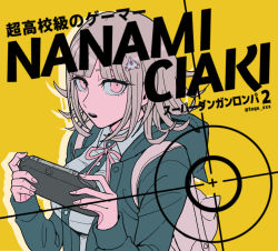 Rule 34 | 1girl, animal bag, backpack, bag, black jacket, black shirt, breasts, cat bag, character name, collared shirt, commentary request, copyright name, danganronpa (series), danganronpa 2: goodbye despair, dress shirt, flipped hair, galaga, green jacket, grey shirt, hair ornament, handheld game console, holding, holding handheld game console, hood, hood down, hooded jacket, jacket, large breasts, looking at viewer, medium hair, nanami chiaki, neck ribbon, open clothes, open jacket, open mouth, orange background, pink bag, pink eyes, pink ribbon, ribbon, shirt, simple background, solo, tege (tege xxx), translation request, upper body