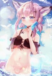 Rule 34 | 1girl, absurdres, alternate hairstyle, animal ear fluff, animal ears, arknights, arm behind back, armpit crease, bad id, bad pixiv id, bare shoulders, bikini, bikini top only, bird, blue eyes, blue sky, blush, bottomless, brown bikini, chrocatz, cleft of venus, closed mouth, cloud, cloudy sky, collarbone, cowboy shot, day, extra ears, flat chest, food, fox ears, fox girl, fox tail, hair ornament, hairpin, hand up, heart, heart-shaped pupils, highres, holding, holding food, ice cream, lens flare, looking at viewer, material growth, navel, official alternate costume, oripathy lesion (arknights), partially submerged, pink hair, pussy, short hair, sky, smile, solo, standing, sussurro (arknights), sussurro (summer flower) (arknights), swimsuit, symbol-shaped pupils, tail, uncensored, wading, water