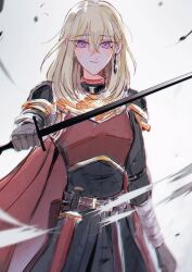 Rule 34 | 1girl, absurdres, armor, bang dream!, bang dream! it&#039;s mygo!!!!!, belt, black jacket, blonde hair, breastplate, closed mouth, commentary, cowboy shot, dagger, earrings, gloves, grey background, grey gloves, hair behind ear, highres, holding, holding sword, holding weapon, jacket, jewelry, knife, long hair, looking at viewer, maybecrosswise, misumi uika, purple eyes, smile, solo, sword, weapon