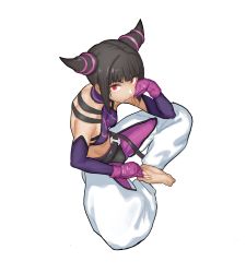 Rule 34 | 1girl, barefoot, black hair, breasts, closed mouth, detached sleeves, drill hair, fingerless gloves, flasso, gloves, halterneck, halterneck, han juri, looking at viewer, midriff, short hair, simple background, solo, street fighter, street fighter iv (series), twin drills, white background