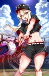 Rule 34 | 1girl, abs, absurdres, artoria pendragon (all), artoria pendragon (fate), bad id, bad pixiv id, baseball, baseball bat, baseball helmet, baseball stadium, baseball uniform, belt, black bra, blue sky, blush, bra, breasts, cloud, commentary request, excalibur morgan (fate), fate/stay night, fate (series), foxyreine, helmet, highres, holding, holding baseball bat, long hair, midriff, muscular, muscular female, narrow waist, navel, open mouth, outdoors, ponytail, saber alter, short hair, shorts, sky, solo, sports bra, sportswear, teeth, underwear, yellow eyes