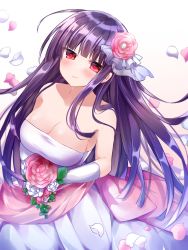 Rule 34 | 1girl, asagami fujino, bare shoulders, blush, bouquet, breasts, bride, cleavage, closed mouth, commentary request, dress, earrings, elbow gloves, flower, gloves, hair flower, hair ornament, highres, holding, holding bouquet, jewelry, kara no kyoukai, large breasts, long hair, looking at viewer, ohitashi netsurou, petals, purple hair, red eyes, simple background, sleeveless, sleeveless dress, smile, solo, strapless, strapless dress, wedding dress, white dress