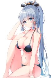 Rule 34 | 1girl, absurdres, arm up, ayaka (genshin impact), bare legs, bikini, black bikini, blue eyes, blue hair, breasts, cleavage, closed mouth, collarbone, genshin impact, hair ornament, highres, knee up, large breasts, liyaku, long hair, ponytail, simple background, sitting, solo, swimsuit, thighs, white background