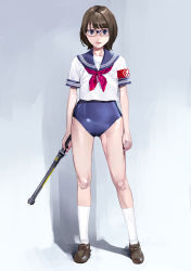 Rule 34 | 1girl, armband, arms at sides, baton (weapon), blouse, blue-framed eyewear, blue eyes, blue one-piece swimsuit, blue sailor collar, bob cut, brown footwear, brown hair, closed mouth, electro shock prod, electroshock weapon, full body, glasses, highres, holding, holding weapon, inamitsu shinji, kneehighs, legs, legs apart, less-than-lethal weapon, lips, loafers, looking at viewer, neckerchief, no pants, one-piece swimsuit, original, paid reward available, red neckerchief, sailor collar, school swimsuit, school uniform, serafuku, shirt, shoes, short hair, short sleeves, sleeve cuffs, socks, solo, standing, stun baton, swimsuit, swimsuit under clothes, tareme, weapon, white shirt, white socks