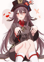 Rule 34 | 1girl, black coat, black hat, black shorts, blush, breasts, brown hair, coat, coattails, flower, genshin impact, ghost, hat, hat flower, highres, hu tao (genshin impact), kinona, long hair, long sleeves, looking at viewer, open mouth, plum blossoms, red eyes, shorts, small breasts, smile, symbol-shaped pupils, thighs, twintails, very long hair