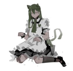 1boy animal_ears apron ascot black_choker black_dress black_footwear black_socks cat_ears cat_tail choker dress green_ascot library_of_ruina looking_at_viewer molybdaenu63133 netzach_(project_moon) project_moon puffy_short_sleeves puffy_sleeves shoes short_sleeves simple_background sitting socks solo tail wariza white_apron white_background white_sleeves wrist_cuffs