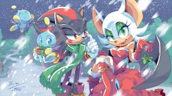 Rule 34 | 1boy, 1girl, absurdres, boots, chao (sonic), christmas, clothing request, dress, furry, furry female, furry male, gloves, green eyes, green scarf, highres, holding holly, lipstick mark, lipstick mark on face, open mouth, outdoors, red dress, red footwear, red gloves, rouge the bat, scarf, shadow the hedgehog, signature, snowing, sonic (series), teeth, white gloves, ziggyfin
