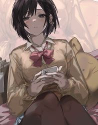 Rule 34 | 1girl, bag, bow, bowtie, braid, brown eyes, brown hair, brown pantyhose, cardigan, cellphone, commentary, empty eyes, hair bow, highres, holding, holding phone, kamiyama high school uniform (project sekai), long sleeves, looking at viewer, pantyhose, phone, pillow, project sekai, pskamoo, red bow, red bowtie, school uniform, shinonome ena, shopping bag, short hair, smartphone, solo, yellow cardigan
