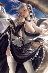 Rule 34 | 1girl, aircraft, airplane, azur lane, bare shoulders, between breasts, black dress, blush, breasts, cleavage, day, dress, earrings, flight deck, floating hair, formidable (azur lane), frilled dress, frills, garter straps, grey hair, hair ribbon, head tilt, jewelry, large breasts, long hair, long sleeves, looking at viewer, motion blur, outdoors, parted lips, red eyes, ribbon, rigging, skirt hold, solo, thighhighs, twintails, two-tone dress, two-tone ribbon, very long hair, white thighhighs, wind, zumi (zumidraws)