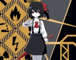 Rule 34 | 1girl, ascot, black hair, black skirt, bow, colored skin, cookie (touhou), cowboy shot, fire, hair bow, highres, holding, holding umbrella, lightning bolt symbol, looking at viewer, medium hair, open mouth, pixel art, red ascot, red bow, red eyes, red umbrella, road sign, shirt, sign, siyudi (cookie), skirt, solo, sparseseethe, suspender skirt, suspenders, umbrella, warning sign, white shirt, white skin