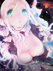 Rule 34 | 1girl, artist name, black gloves, blonde hair, blush, breast hold, breasts, choker, cleavage, cleavage cutout, clothing cutout, copyright name, flower, gloves, green eyes, hair flower, hair ornament, katerina (rondo duo), large breasts, looking at viewer, parted lips, pink hair, rondo duo, solo, tinkle bell, triangle mouth, twintails