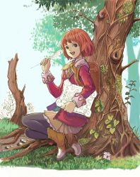 Rule 34 | avalon code, backpack, bag, book, boots, brown eyes, grass, leggings, open mouth, pantyhose, quill, randoseru, red hair, short hair, sitting, tagme, tia (avalon code), tree