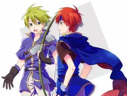 Rule 34 | 2boys, armor, blue eyes, boots, bow (weapon), breastplate, fingerless gloves, fire emblem, fire emblem: the binding blade, gloves, green eyes, green hair, holding, holding bow (weapon), holding weapon, multiple boys, nintendo, red hair, roy (fire emblem), simple background, smile, spiked hair, weapon, wolt (fire emblem)