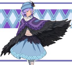 Rule 34 | 1girl, bandages, black wings, blue hat, blue skirt, borrowed character, braid, cowboy shot, feathered wings, feathers, flower, grey eyes, harpy, hat, hat feather, hat flower, looking at viewer, medium hair, mefomefo, monster girl, original, outline, poncho, purple hair, skirt, smile, solo, white background, white outline, winged arms, wings