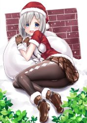 Rule 34 | 1girl, adapted costume, alternate costume, ass, bag, blue eyes, breasts, brick wall, brown footwear, brown gloves, brown skirt, bulbonne, bush, full body, gloves, hair ornament, hairclip, hamakaze (kancolle), hat, highres, kantai collection, leaf, looking at viewer, lying, medium breasts, on side, open mouth, outdoors, pantyhose, pleated skirt, red shirt, santa hat, shirt, short hair, short sleeves, silver hair, skirt, snow, solo, striped clothes, striped skirt