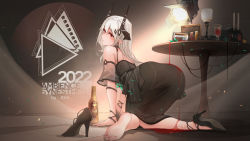 Rule 34 | 1girl, alcohol, all fours, ambience synesthesia, arknights, ass, bare shoulders, barefoot, black dress, black footwear, blush, bracelet, candle, closed mouth, cup, detached sleeves, dress, drinking glass, earrings, feet, from behind, full body, gloves, hair ornament, high heels, highres, horns, jewelry, jueduihuoli, long hair, looking at viewer, looking back, mudrock (arknights), mudrock (obsidian) (arknights), official alternate costume, panties, pointy ears, puddle, red eyes, see-through, short sleeves, silver hair, single glove, soles, solo, spill, table, toes, underwear, wine