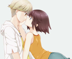 Rule 34 | 10s, 1boy, 1girl, ass, bad id, bad pixiv id, bare shoulders, blonde hair, breasts, brown eyes, brown hair, couple, eye contact, face-to-face, finger marks, grey eyes, hetero, hood, hoodie, imminent kiss, kaburagi sui, looking at another, nishio rina, ootani mikoto, short hair, shorts, soukyuu no fafner, tank top, wide-eyed
