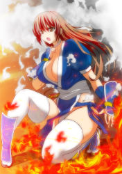 Rule 34 | 1girl, breasts, brown eyes, brown hair, choker, cleavage, dead or alive, female focus, fire, kasumi (doa), kettsu, large breasts, long hair, ninja, pelvic curtain, solo, thighhighs, weapon, white thighhighs