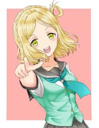 Rule 34 | 1girl, absurdres, artist name, artist request, blonde hair, blush, braid, breasts, brown eyes, buttons, collarbone, crown braid, female focus, green eyes, green neckerchief, green sweater, green sweater vest, grey sailor collar, grey skirt, hair rings, highres, looking at viewer, love live!, love live! sunshine!!, miniskirt, neckerchief, ohara mari, parted lips, plaid, plaid skirt, pleated, pleated skirt, pointing, pointing at viewer, sailor collar, school uniform, shirt, short hair, short sleeves, skirt, small breasts, smile, solo, sweater, sweater vest, teeth, tie clip, uranohoshi school uniform, v-shaped eyebrows, white shirt, yellow buttons, yellow eyes
