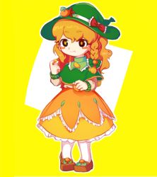 Rule 34 | 1girl, :t, alternate color, azusa (cookie), black eyes, blush, bow, braid, brown footwear, capelet, closed mouth, commentary request, cookie (touhou), eating, food, frilled bow, frilled skirt, frills, fruit, full body, green bow, green capelet, green hat, hair bow, hat, hat bow, hat ornament, hita (hizokuseikogeki), holding, holding food, kirisame marisa, long hair, looking at viewer, mandarin orange, orange hair, orange pupils, orange skirt, red bow, red star, side braid, simple background, single braid, skirt, solo, standing, star (symbol), star hat ornament, touhou, two-tone background, white background, witch hat, yellow background