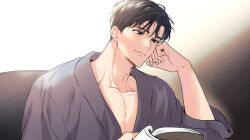 Rule 34 | 1boy, bathrobe, book, brown eyes, brown hair, closed mouth, hands on own cheeks, hands on own face, holding, holding book, jeong changin, kangjak, male focus, official art, passion (manhwa), reading, solo