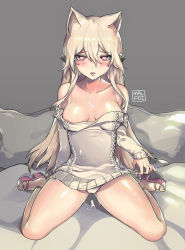 Rule 34 | 1girl, absurdres, aran sweater, areola slip, artist name, bare shoulders, blush, breasts, cable knit, collarbone, cum, cum on body, cum on clothes, cum on lower body, cum on upper body, dress, elsword, eve (elsword), facial, facial mark, hair between eyes, highres, light brown hair, looking at viewer, malpoi, medium breasts, off-shoulder, off-shoulder sweater, off shoulder, open mouth, panties, sandals, shiny skin, sitting, solo, sweater, sweater dress, underwear, wariza