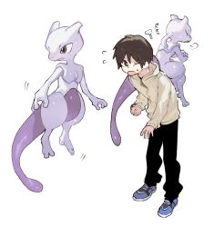Rule 34 | 1boy, black pants, blue footwear, bright pupils, brown hair, clenched hand, commentary request, creatures (company), flying sweatdrops, game freak, gen 1 pokemon, grey jacket, jacket, leaning forward, legendary pokemon, long sleeves, looking back, male focus, mewtwo, newo (shinra-p), nintendo, one eye closed, open mouth, pants, pokemon, pokemon (creature), pokemon on back, shoes, short hair, simple background, sneakers, standing, sweatdrop, white background, white pupils