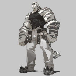 Rule 34 | 1boy, arknights, bara, bare arms, bare shoulders, black shorts, black tank top, bulge, covered abs, furry, furry male, grey background, highres, korean commentary, large pectorals, male focus, mountain (arknights), muscular, muscular male, pectorals, scar, scar across eye, scar on arm, scar on face, short shorts, shorts, sidepec, tank top, tiger boy, tiger stripes, white fur, wincalblanke