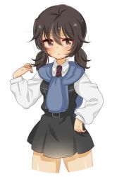 Rule 34 | 1girl, alternate hairstyle, andou (girls und panzer), bad id, bad twitter id, bc freedom school uniform, black hair, brown eyes, dark-skinned female, dark skin, girls und panzer, hand up, kumasawa (dkdkr), long sleeves, looking at viewer, low twintails, medium hair, messy hair, necktie, open mouth, school uniform, solo, sweater, sweater around neck, thighs, twintails