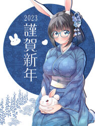 Rule 34 | 1girl, animal ears, black hair, blue-framed eyewear, blue kimono, blush, breasts, chinese zodiac, closed mouth, glasses, highres, japanese clothes, kimono, large breasts, long sleeves, looking at viewer, original, rabbit, rabbit ears, rabbit girl, seiza, short hair, side ponytail, sitting, smile, solo, takahero, year of the rabbit
