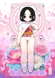 Rule 34 | 1girl, 2020, :|, abstract background, absurdres, arm at side, artist logo, artist name, black eyes, black hair, blush, cameltoe, closed mouth, clothes grab, clothes lift, cloud, cyclops, emblem, empty eyes, expressionless, flower, guro, halo, heart (organ), highres, intestines, knees, liver, looking at viewer, lungs, mino (kirarayakubou), moon, mountain, no pants, one-eyed, organs, original, panties, panty grab, parted bangs, pink theme, pixelated, rabbit, raised eyebrows, shirt, shirt lift, short hair, sidelocks, sparkle, star (symbol), stomach (organ), underwear, white headwear, white panties, white shirt, wings