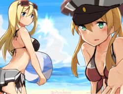 Rule 34 | 10s, 2girls, aqua eyes, ass, bad id, bad twitter id, ball, beach, beachball, bikini, bismarck (kancolle), blonde hair, blue eyes, blue sky, blush, breasts, butt crack, cleavage, cloud, cloudy sky, collarbone, day, eyewear on head, front-tie bikini top, front-tie top, gradient background, green eyes, halterneck, hat, holding, holding ball, kantai collection, long hair, medium breasts, multiple girls, ocean, open mouth, outdoors, outstretched hand, peaked cap, prinz eugen (kancolle), rimukoro, sarong, sky, smile, sun, sunglasses, swimsuit, twintails, twitter username, water