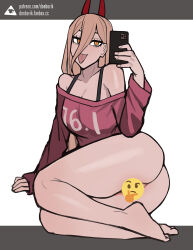 Rule 34 | 1girl, arm support, ass, bare shoulders, blonde hair, bottomless, breasts, cellphone, censored, chainsaw man, donburi (donburikazoku), emoji, emoji censor, hair between eyes, highres, holding, holding phone, horns, large breasts, long sleeves, medium breasts, phone, power (chainsaw man), red horns, red shirt, selfie, shirt, smartphone, solo
