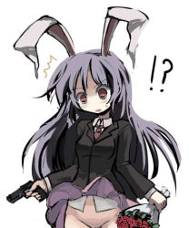 Rule 34 | !, !?, 1girl, ?, animal ears, blazer, bouquet, clothes lift, female focus, flower, gatau, gun, jacket, long hair, lowres, necktie, no panties, plant, purple hair, pussy, rabbit ears, red eyes, reisen udongein inaba, rose, skirt, skirt lift, solo, touhou, weapon, white background