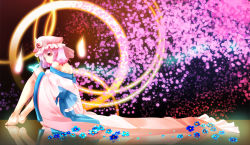 Rule 34 | 1girl, alternate costume, bare shoulders, barefoot, bug, butterfly, flower, hand on own knee, hat, bug, japanese clothes, kimono, light particles, long sleeves, looking at viewer, looking back, nagare, obi, off shoulder, pink hair, plate, reflection, reflective floor, saigyouji yuyuko, sash, sitting, smile, solo, touhou, triangular headpiece, veil, wide sleeves, yukata